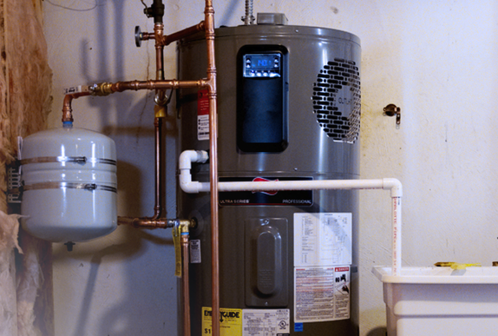 Installed water heater with an expansion tank and copper water lines