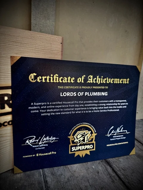 Certificate of achievement awarded to Lords of Plumbing