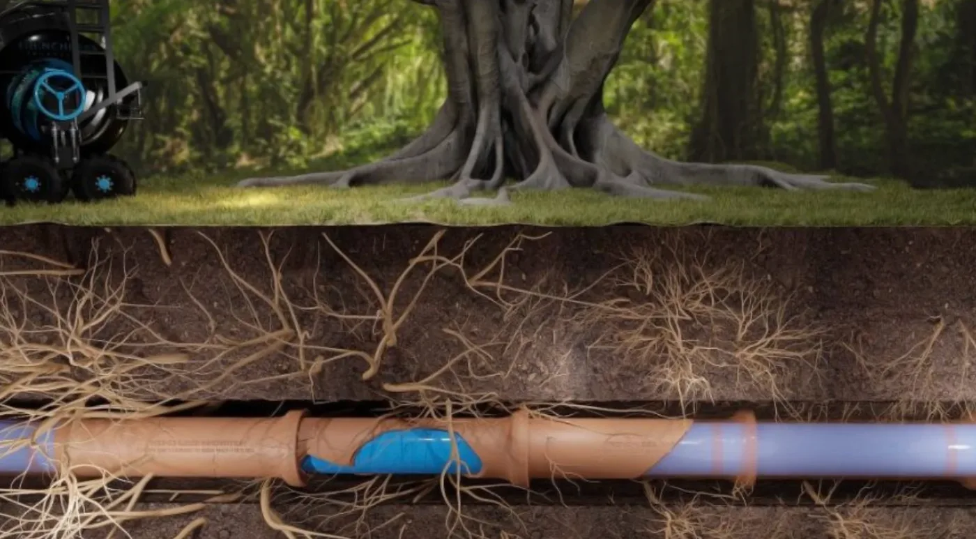 Illustration of tree roots reaching a buried sewer line