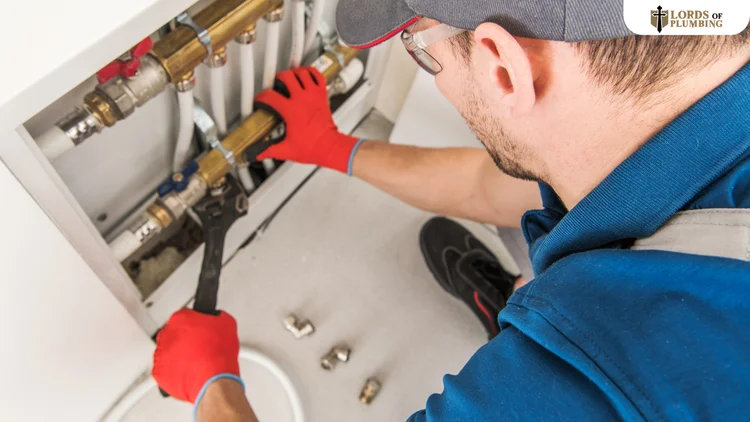 Lords of Plumbing technician working on supply valves behind a wall panel