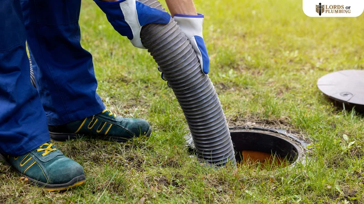 Technician feeding a hose into a sewer cleanout in a lawn