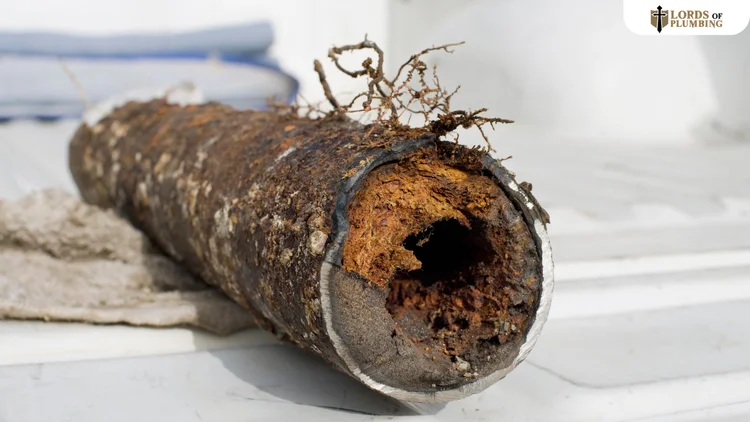 Section of corroded sewer pipe with tree root intrusion