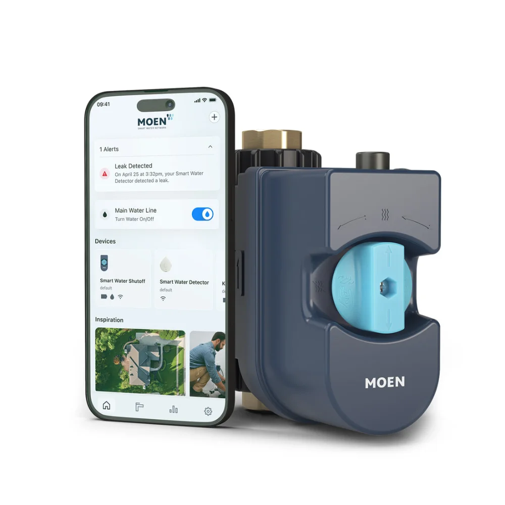 Moen Flo Smart Water Shutoff device with the Moen app showing a leak-detected alert