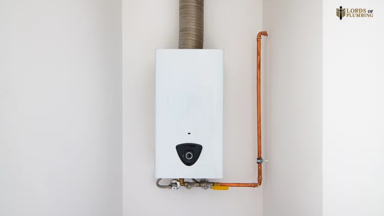Wall-mounted tankless water heater installed by Lords of Plumbing